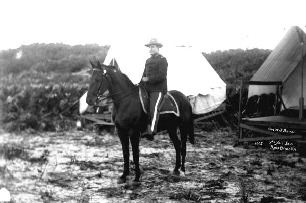 William Jennings Bryan on horseback as Colonel of the 3rd Nebraska Volunteer Infantry - Pablo Beach, Florida.