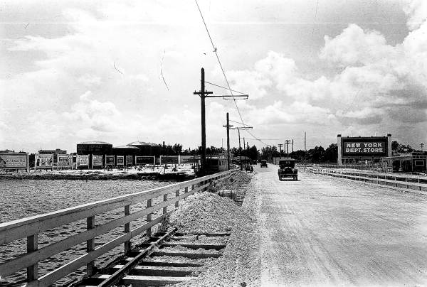 Looking at the west end of the county causeway - Miami Beach, Florida.