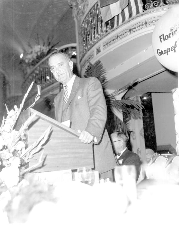 President Lyndon B. Johnson speaking from the lectern