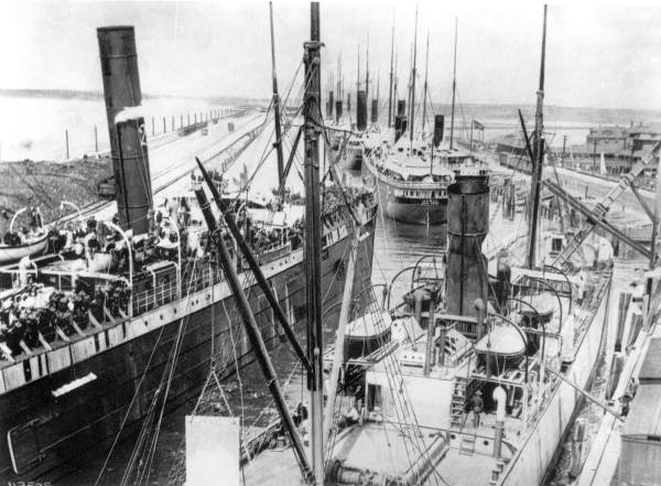 Loaded transports moving into Tampa Bay during the Spanish-American war.