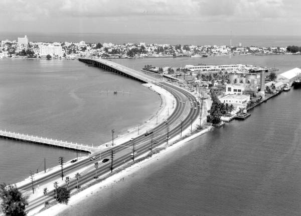 Aerial view of the MacArthur causeway - Miami Beach, Florida.