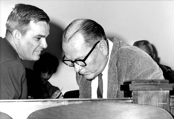 Senator Bernard Parrish of Titusville (left) talking to Senator Merrill P. Barber of Vero Beach - Tallahassee, Florida.