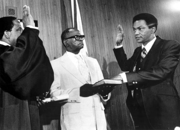 Jesse J. McCrary Jr. taking the oath of office from Supreme Court Justice Joseph Hatchett - Tallahassee, Florida.