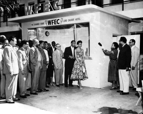 Loma Green christening WFEC's Flamingo Studio at the Lord Calvert Hotel in the Overtown subdivision of Miami, Florida.