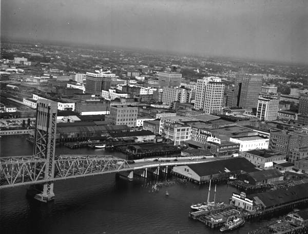 Aerial view overlooking a section of downtown - Jacksonville, Florida.