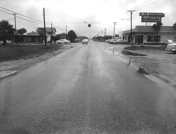 View looking down street at the intersection of 3rd Avenue and 9th Street near the A & A Shopping Center - Jacksonville Beach, Florida.