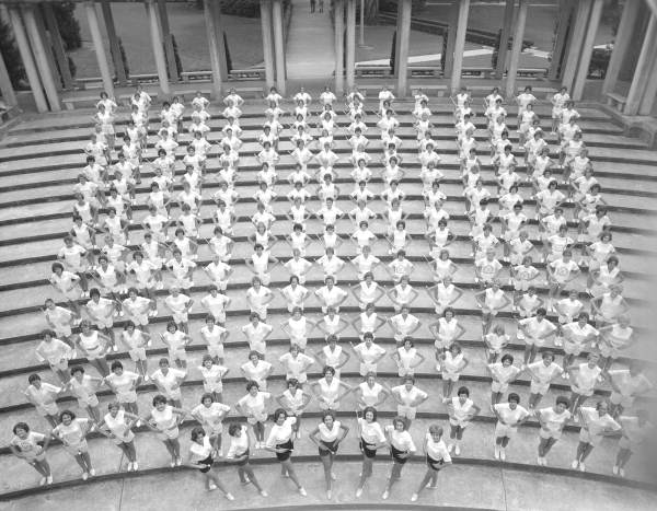 Majorettes gathered together for a group portrait in the amphitheater at the FSU School of Music - Tallahassee, Florida.