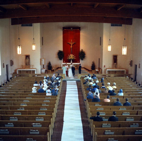 View showing a wedding in progress at the Blessed Sacrament Catholic Church in Tallahassee, Florida.