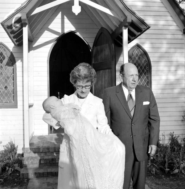 Grandparents Lois and Broward McClellan with their grandchild on the day of christening - Tallahassee, Florida.