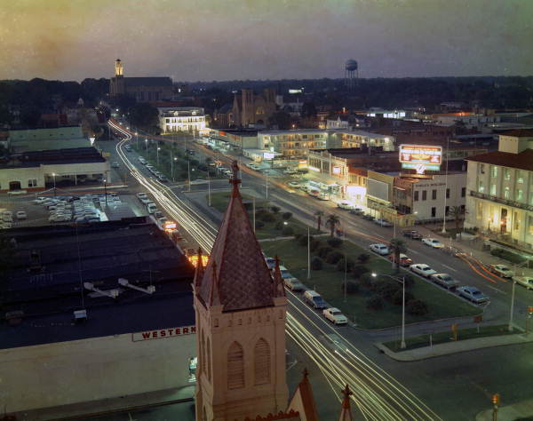 Time lapsed bird's eye view overlooking Palafox St. in Pensacola, Florida.