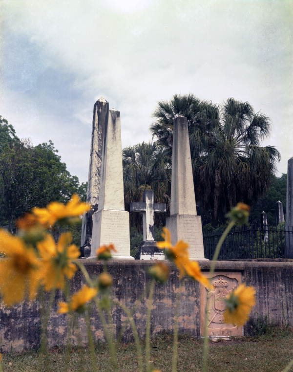 View showing obelisk monuments at the grave site for Prince and Princess Murat in Tallahassee, Florida.
