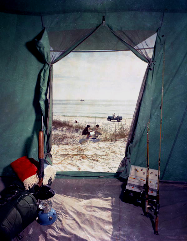 View showing camping gear inside a tent in Florida.