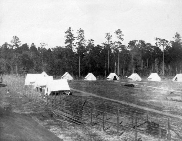 View of tents at a quarantined isolation camp.