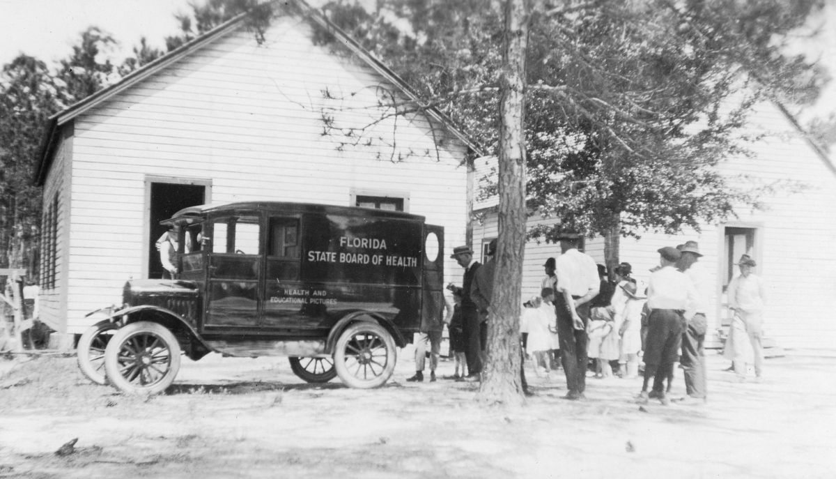 Florida State Board of Health movie truck used to promote public health practices in rural communities.
