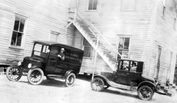 View showing the Florida State Board of Health movie truck used to promote public health practices in rural communities.