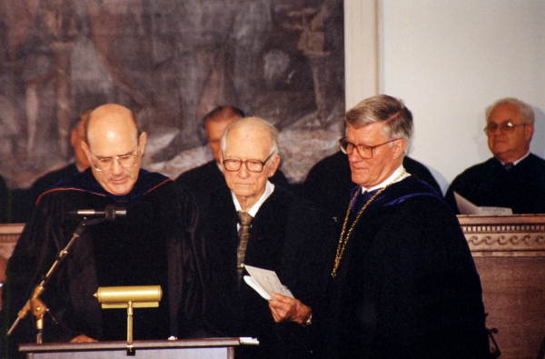 Ex-justice Richard Ervin, center, receiving honorary degree from FSU during a ceremony at the Old Capitol in Tallahassee, Florida.