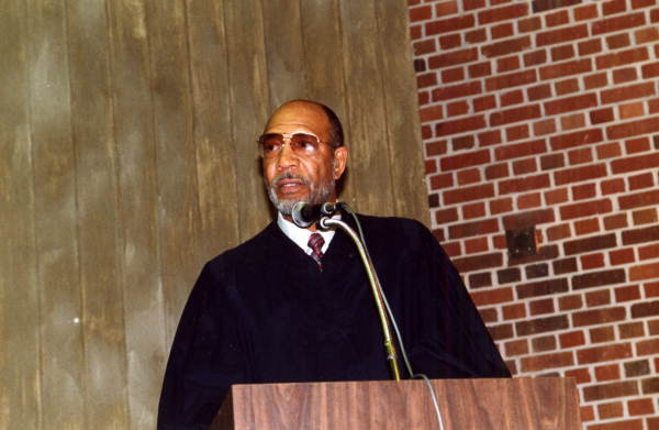 Supreme Court Justice Leander Shaw speaking at the University of Florida Holland Hall auditorium during a presentation of the Florida Supreme Court Historical Society in Gainesville, Florida.