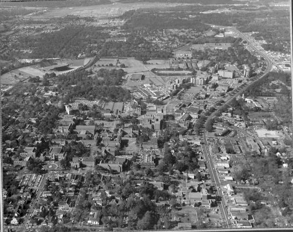 Aerial view looking west over the Florida State University campus - Tallahassee, Florida.