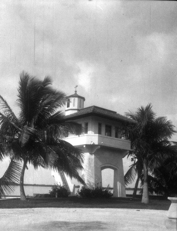 Observation tower and coconut trees