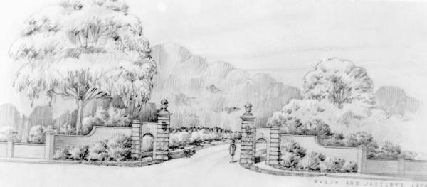 Architect's drawing of the new entrance to Evergreen Cemetery