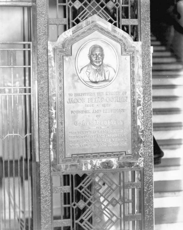 Plaque for Jacob Elias Cohen, founder of Cohen's.