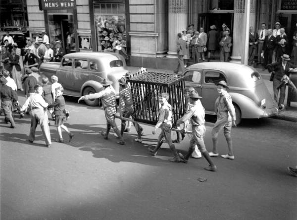 Boy Scouts marching band in the circus parade.
