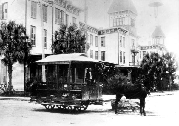 Mule drawn street railroad car.