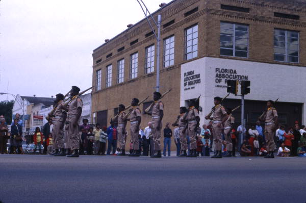 Soldiers marching in a parade on Monroe St. in Tallahassee, Florida.