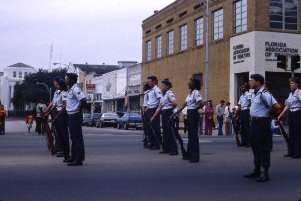 View showing members of the U.S. Army in a parade on Monroe St. in Tallahassee, Florida.