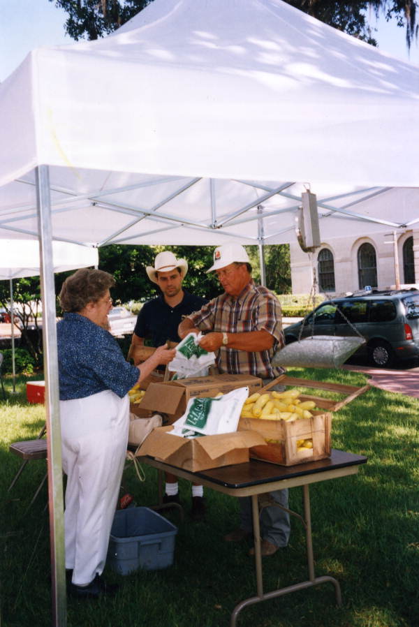 Visitor buying squash from a vendor at the "Downtown Marketplace" at Ponce de Leon Park in the Tallahassee Downtown Improvement Authority special assessment district.