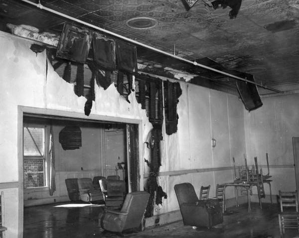 Interior view showing fire damage at the Elks Club Lodge #937 in Tallahassee, Florida.