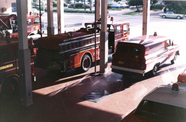 Interior view showing fire trucks parked in the OFD Central Fire Station at 439 S. Magnolia Ave. in Orlando, Florida.