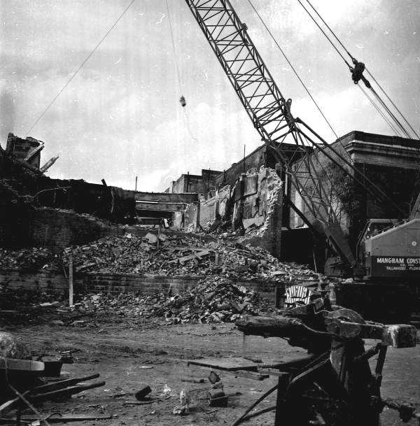 Rear view showing the demolition of Mendelson's department store in Tallahassee, Florida.