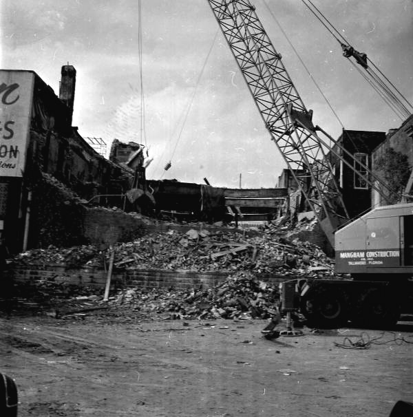 Rear view showing the demolition of Mendelson's department store in Tallahassee, Florida.