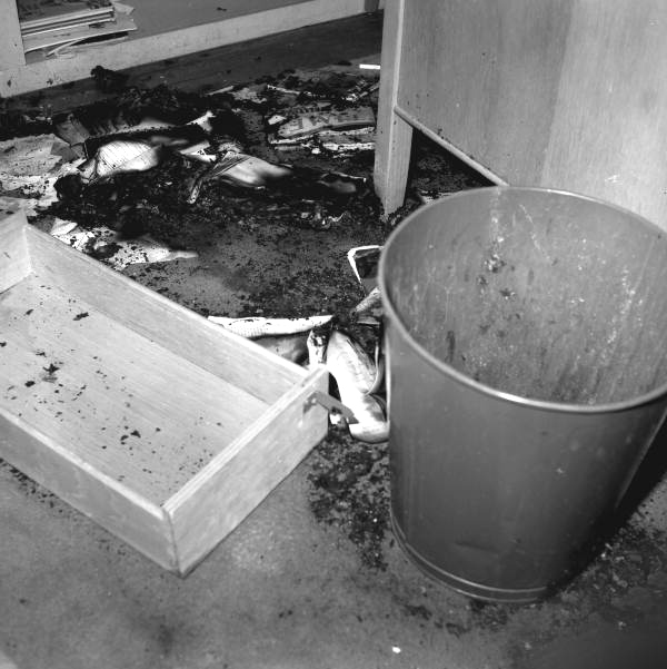 Close-up view of fire damage from arson at an African American school in Tallahassee, Florida.