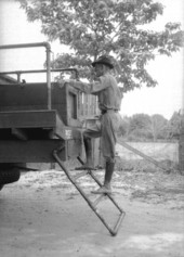 Combination tailgate and ladder of large fire truck.