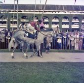 Jockey Jorge Velasquez with "Sawbones" at the Hialeah Racetrack.