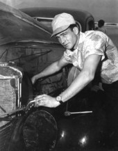Ed Samples checking his stock car - Daytona Beach, Florida