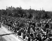 Large crowd awaiting the Gasparilla festival parade - Tampa, Florida.