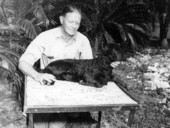 Mr. Bill Davis with 1-month-old Karakul lamb Resene at his ranch - Irvine, Florida