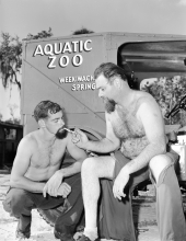 Alton Smith and Al Zaebst smoke and talk over alligator hunting hazards - Weeki Wachee Spring, Florida