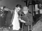George B. Mobley showing off his self-made "money finding" device - Green Cove Springs, Florida