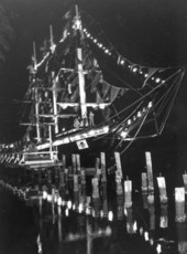 Night-time shot of the "Jose Gaspar" pirate ship in the Gasparilla Carnival - Tampa, Florida.
