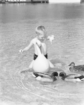 Pat Perry feeding ducks.