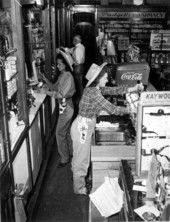 June Lowery (later Boromei) and Mary Padgett behind the counter at the drugstore - Okeechobee, Florida