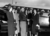 Forrest Davis Jr greeted at airport by the Quincy Tobacco Festival Beauty Queen and her court - Tallahassee, Florida.