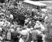 People gathered around tables and truck to get free watermelon slices at the watermelon festival - Leesburg, Florida