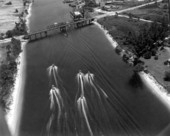 Aerial view of boating on a cross-state canal, east of Lake Okeechobee.