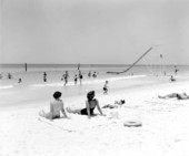 People sunbathing and enjoying activities at the beach.