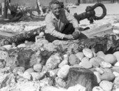 Arthur McKee with relics displayed outside the McKee's Museum of Sunken Treasure - Plantation Key, Florida